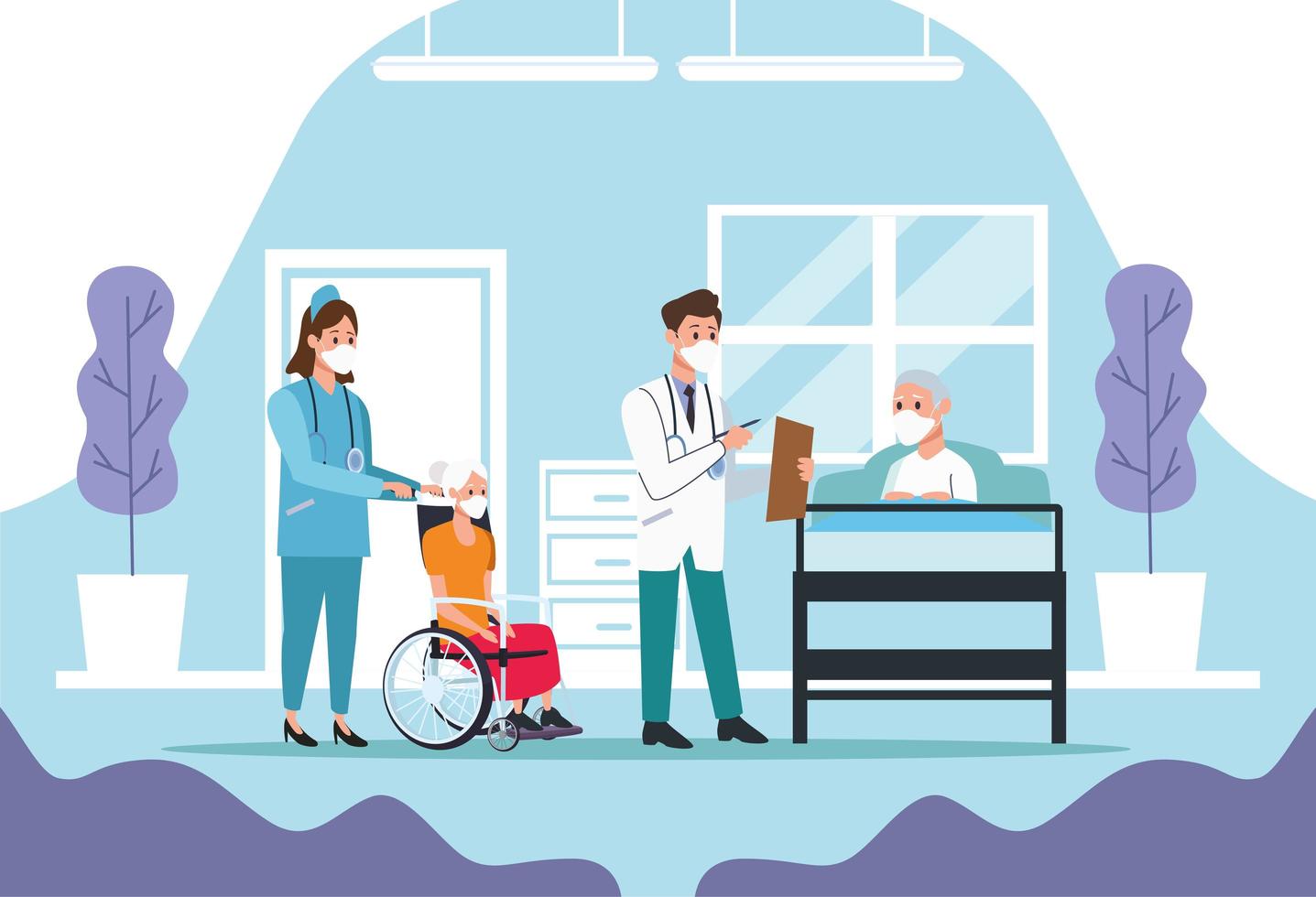 Medical staff taking care of elderly couple characters vector