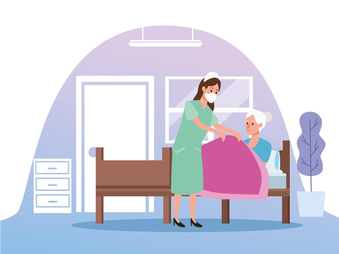 Nurse protecting elderly woman person characters vector