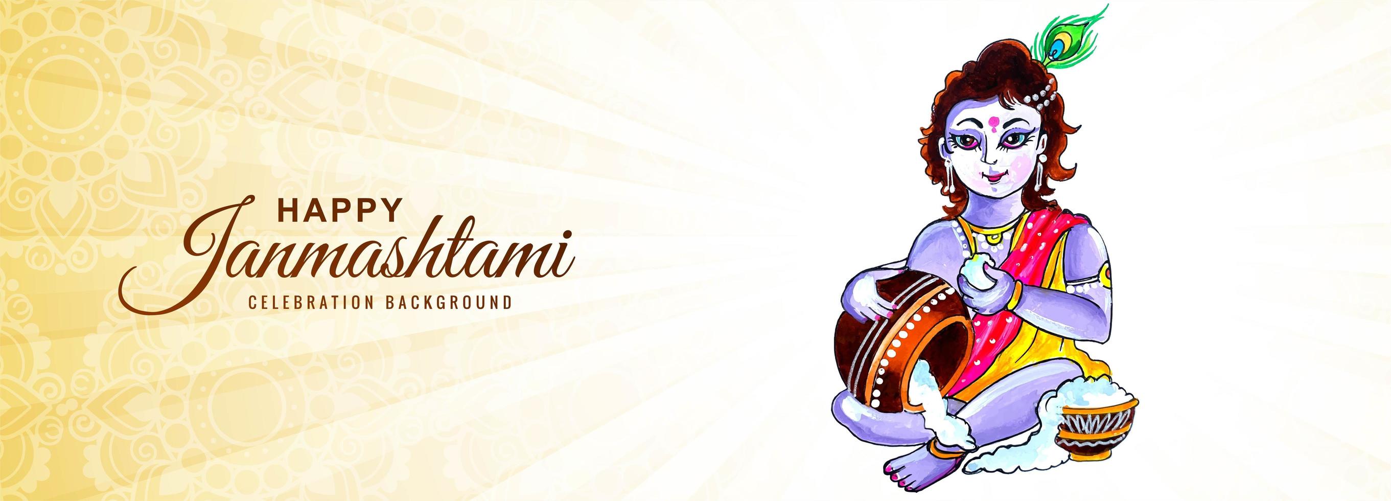 Happy Janmashtami Krishna Eating Porridge Greeting Banner vector