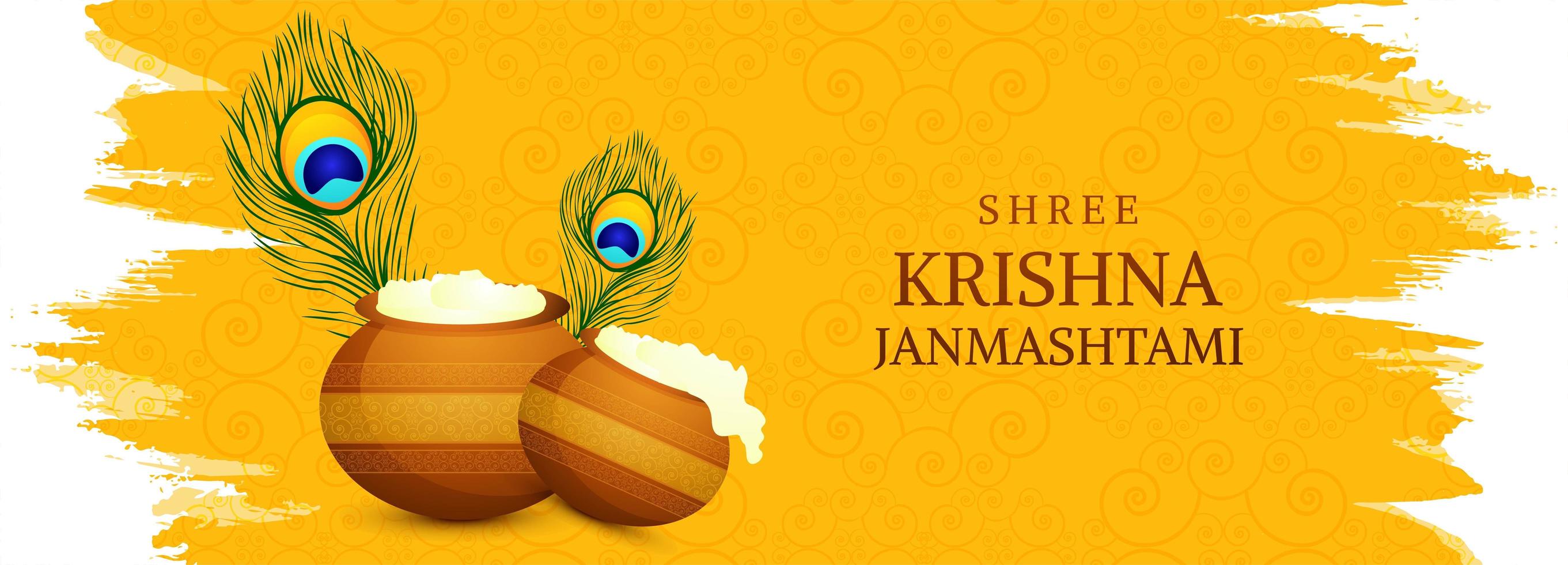 Happy Krishna Janmashtami Card with Feathers and Pots Banner vector