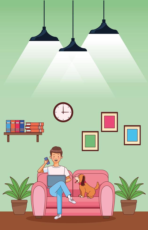Work at home young man on sofa vector