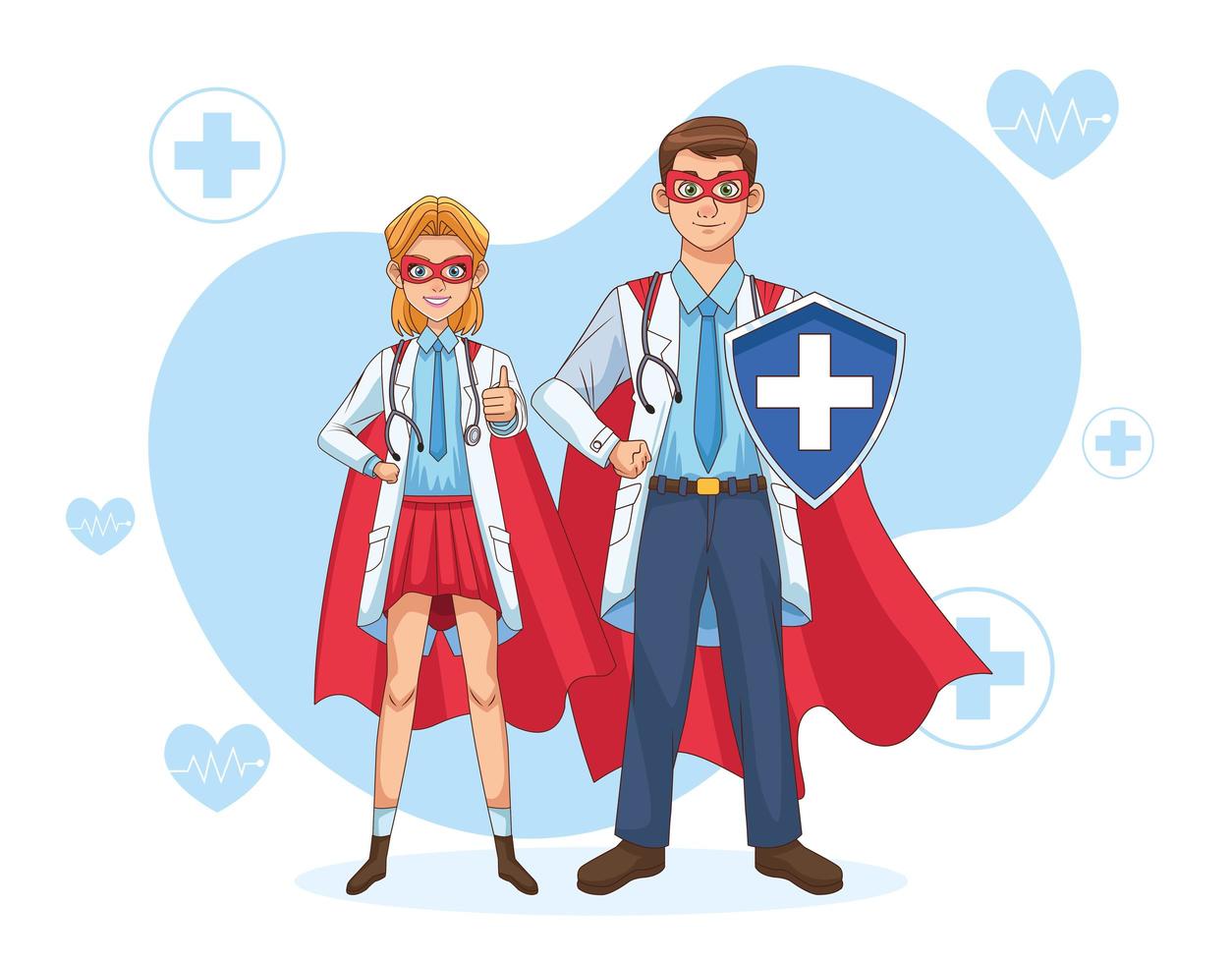 pareja de súper médicos con capa de héroe y escudo vector