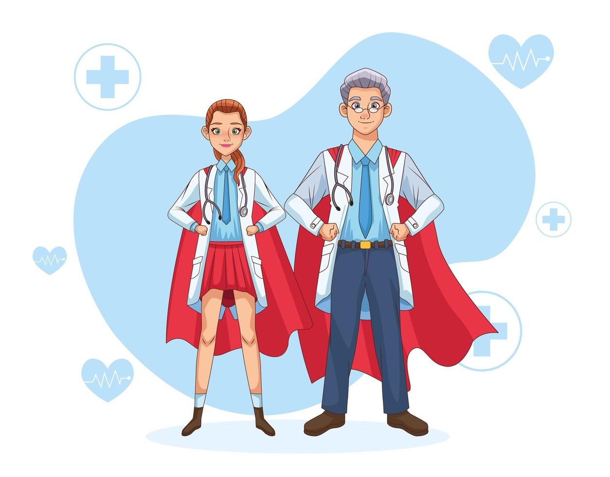 pareja de súper doctores con capa de héroe vector