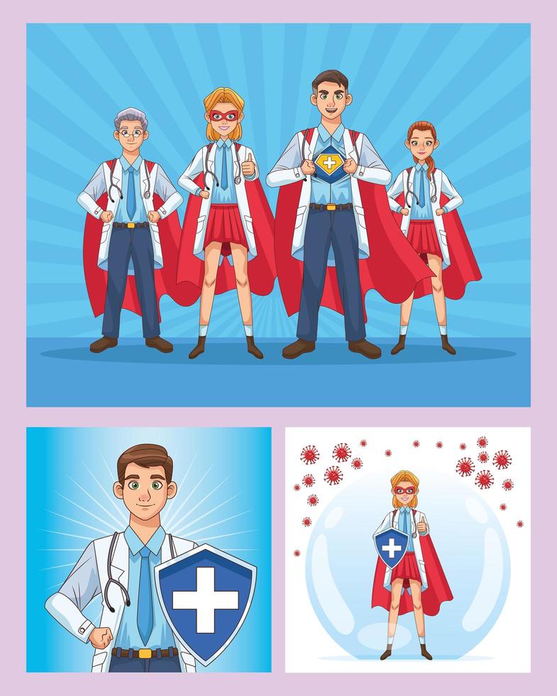 personal de súper médicos con capas de héroe y escudo vector