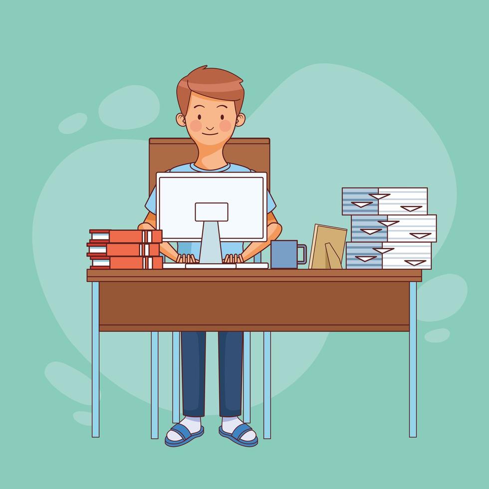 Man sitting at desk working from home vector