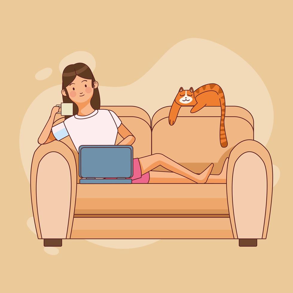 Woman character and cat working from home vector