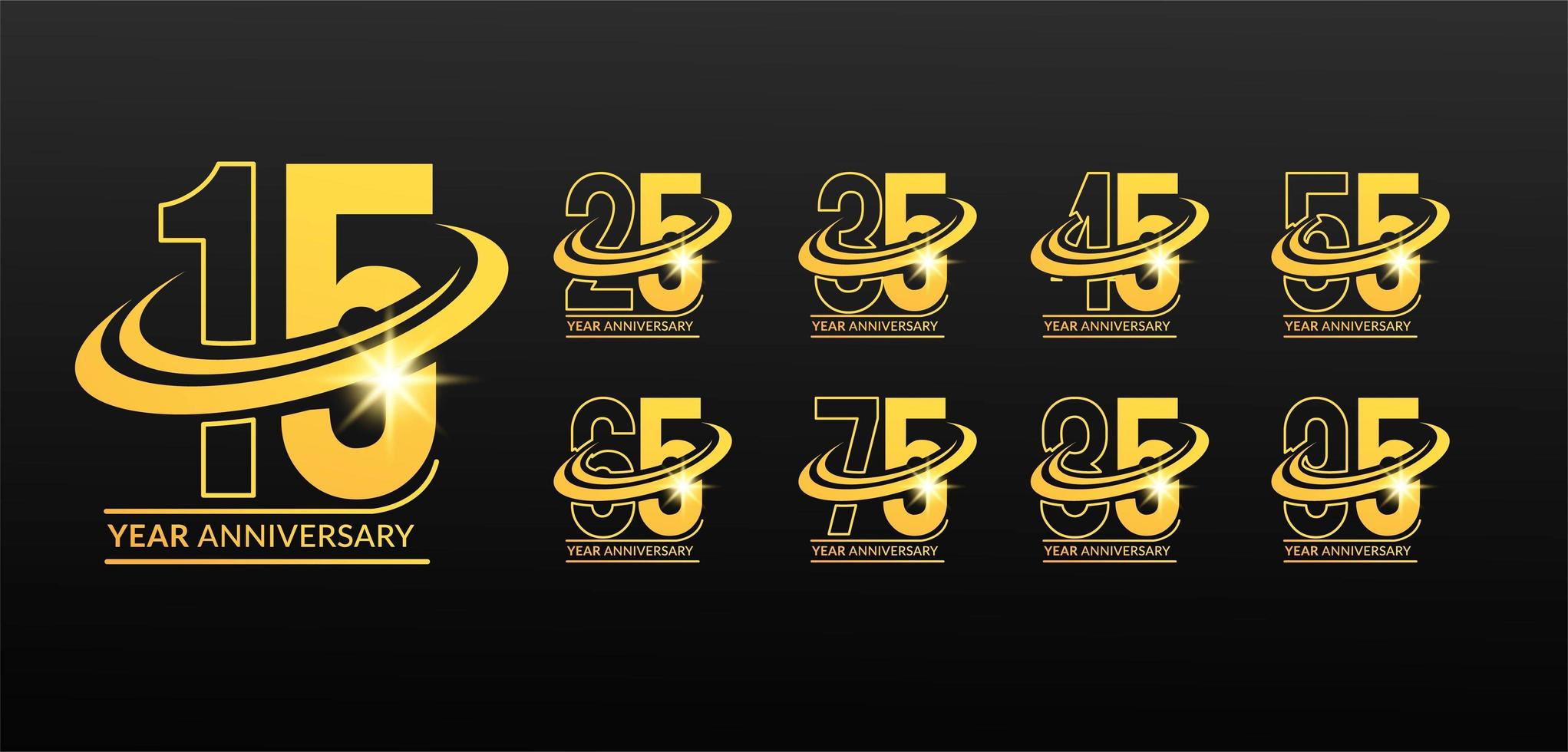 Números de aniversario de oro dinámicos con símbolo swoosh vector