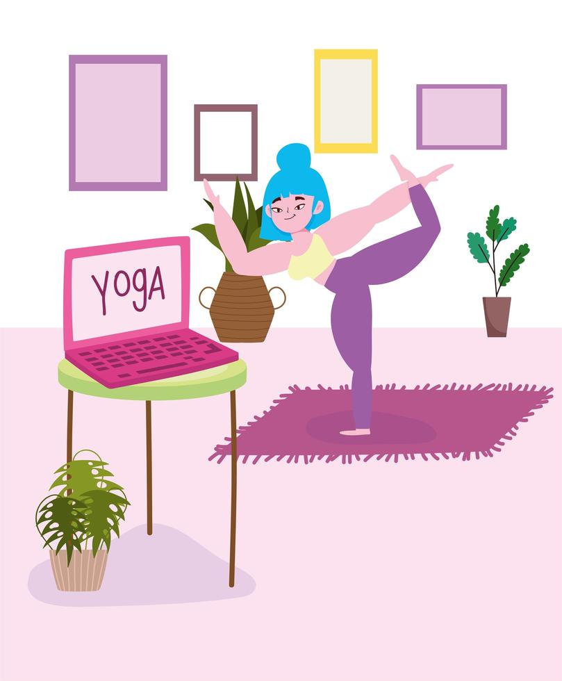 mujer haciendo yoga en casa vector
