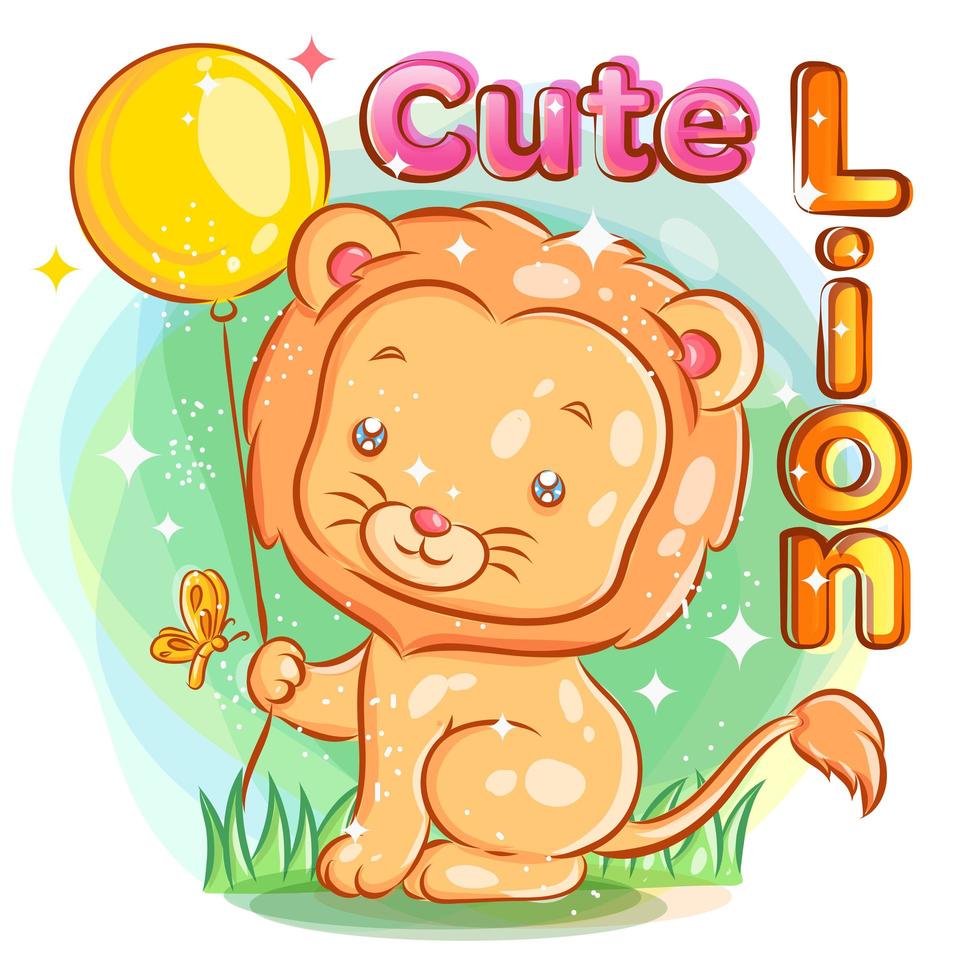 Cute Lion Holding a Yellow Balloon with Butterfly vector