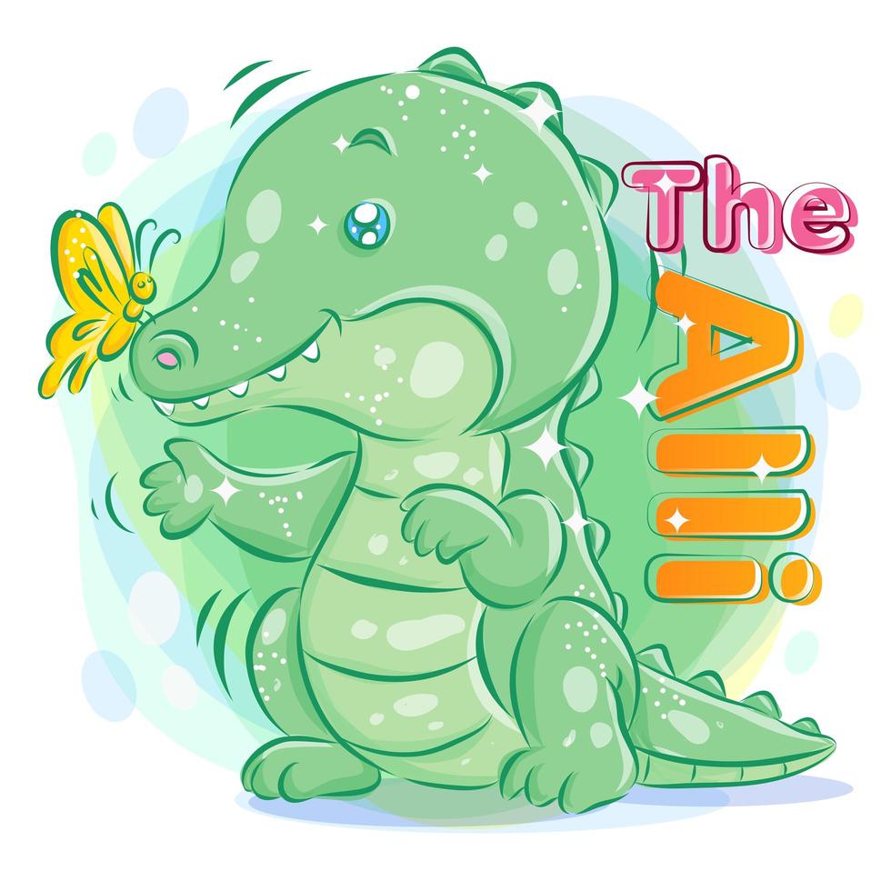 Cute Crocodile or Alligator playing with Butterfly vector