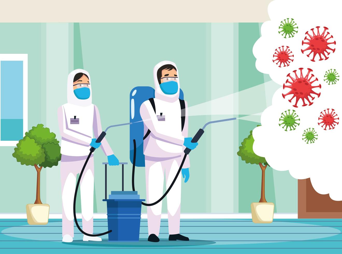 Biohazard cleaning persons with sprayer against COVID 19 vector