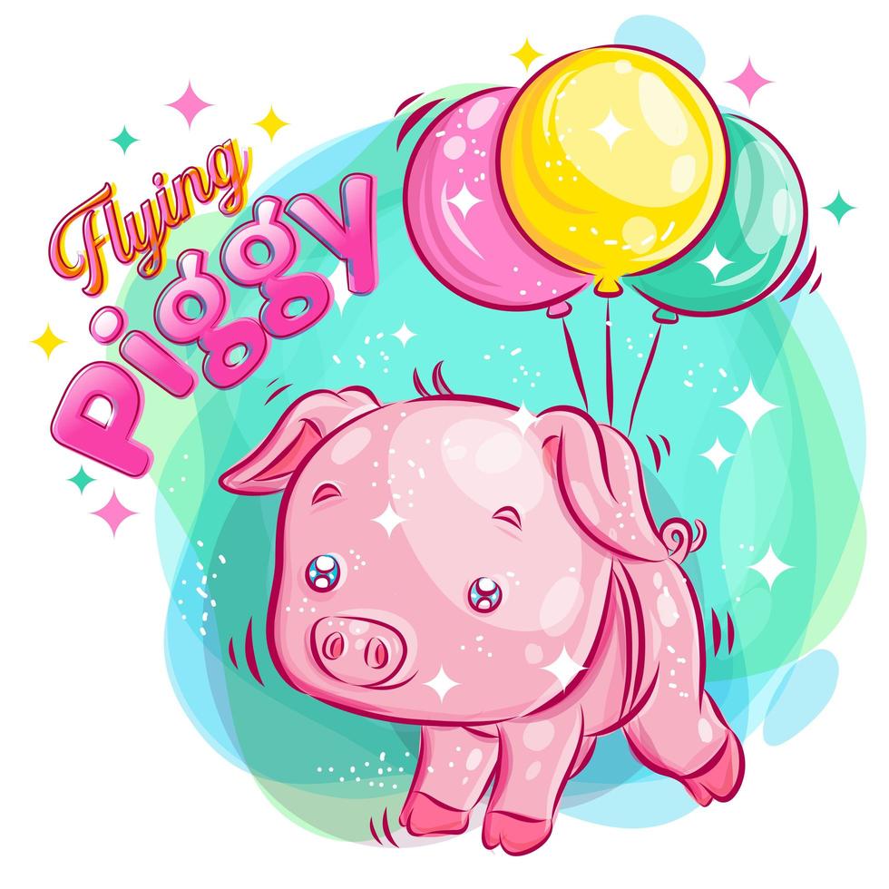 Cute Pig Flying with Balloons vector