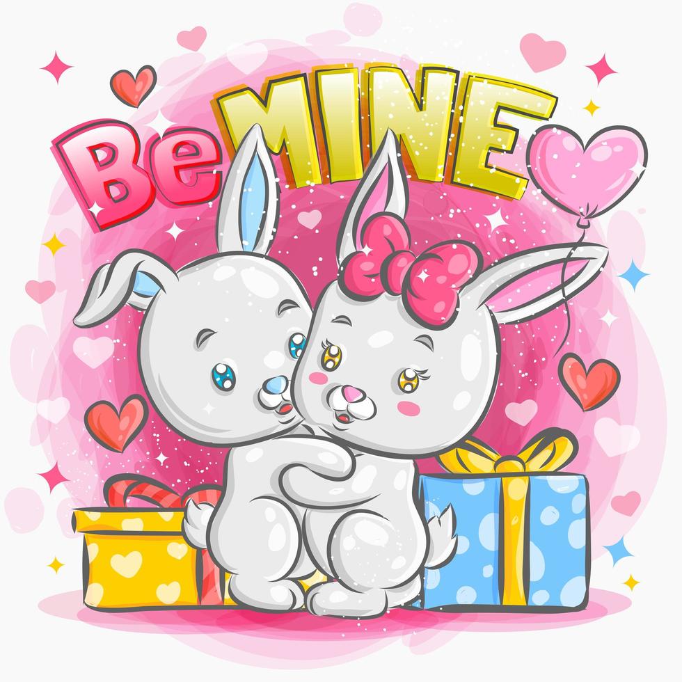 Cute Little Rabbit Couple Hugging with Gifts vector