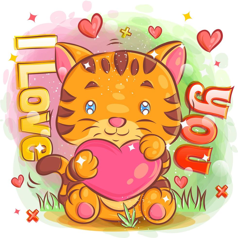 lindo tigre enamorado y sosteniendo un corazón vector
