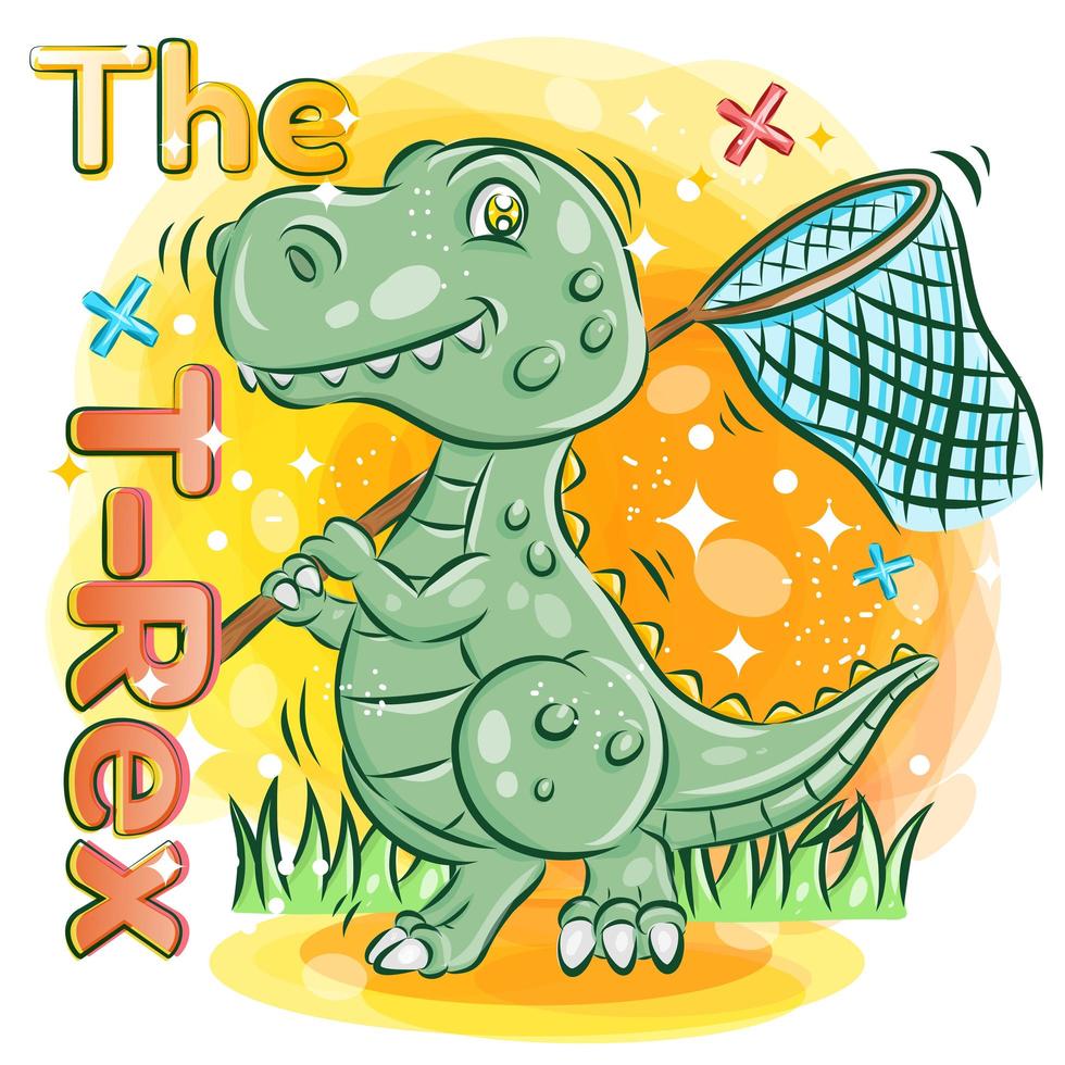 Cute T-Rex Holds a Butterfly Net in the Garden  vector