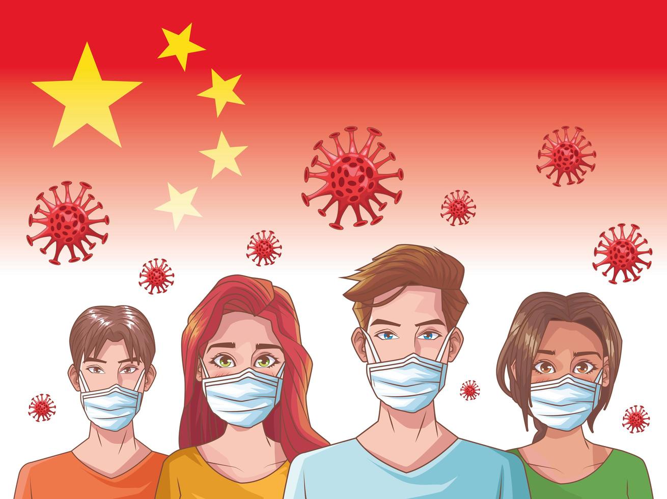Infografía de coronavirus con personas con máscaras. vector