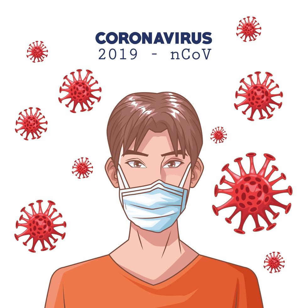 Infografía de coronavirus con hombre usando mascarilla médica. vector