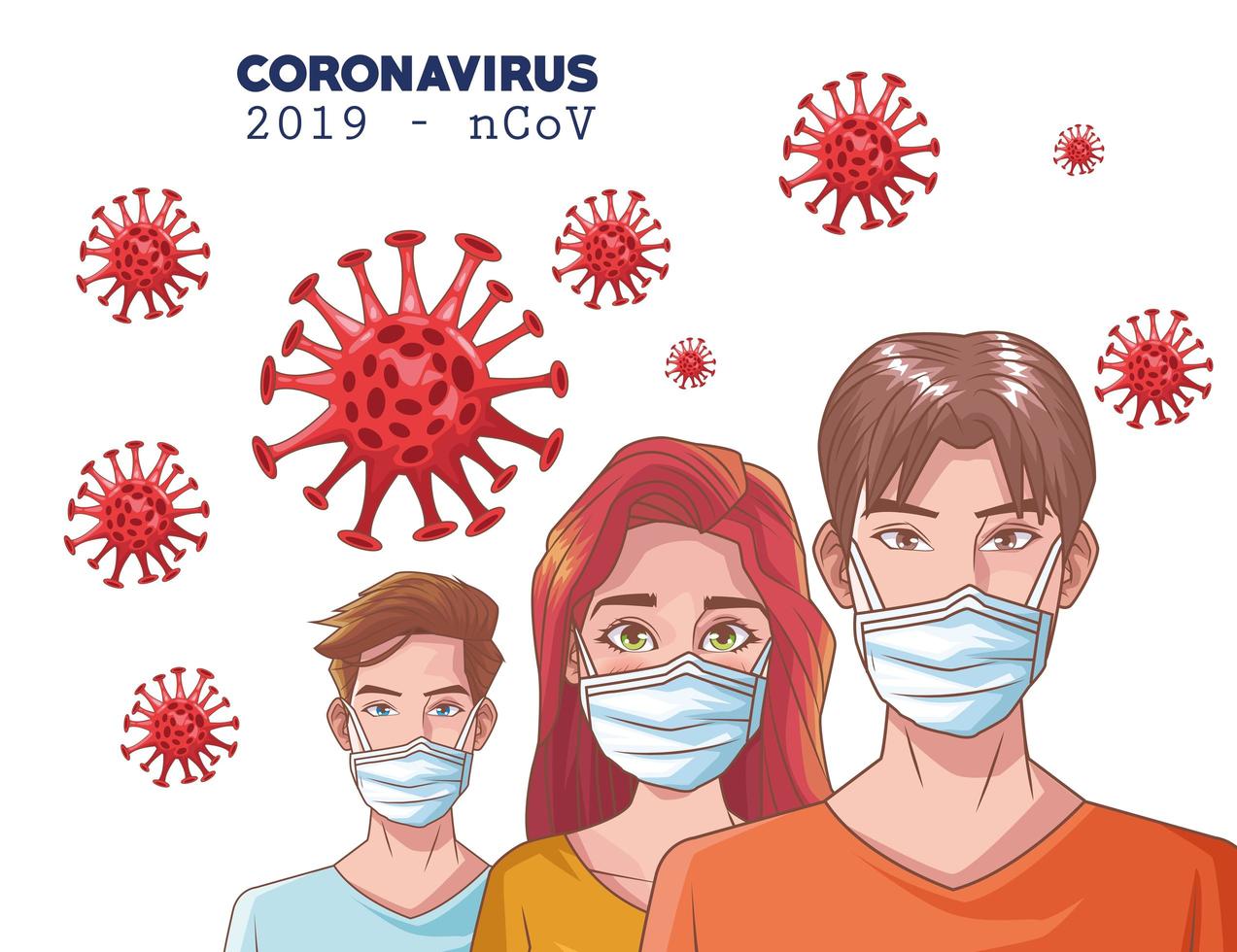 Infografía de coronavirus con personas que usan máscara. vector