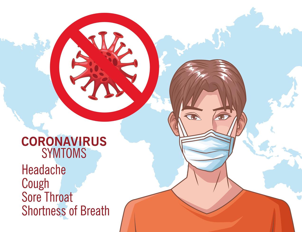 Infografía de coronavirus con hombre joven con máscara. vector