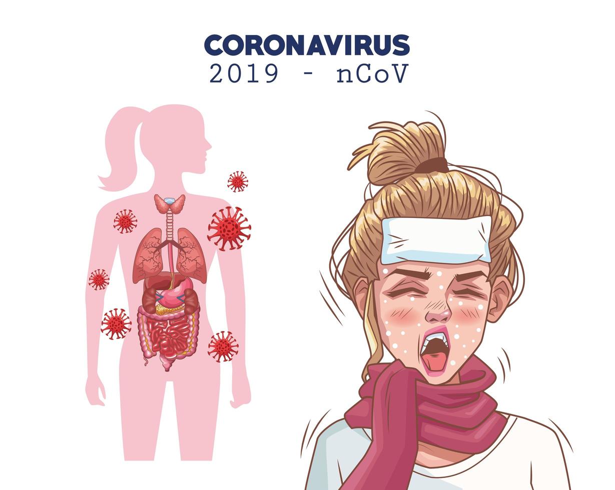 Infografía de coronavirus con personaje de mujer joven enferma. vector