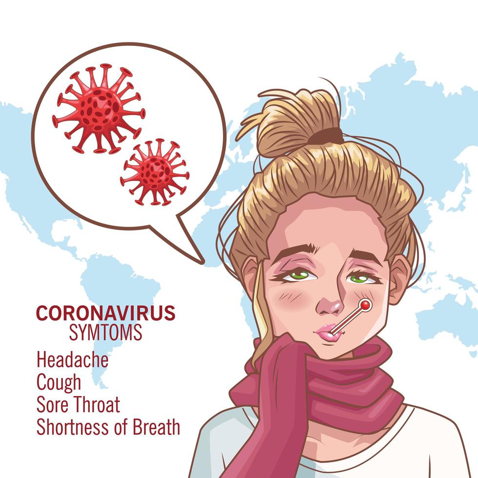 Infografía de coronavirus con un personaje de mujer enferma. vector