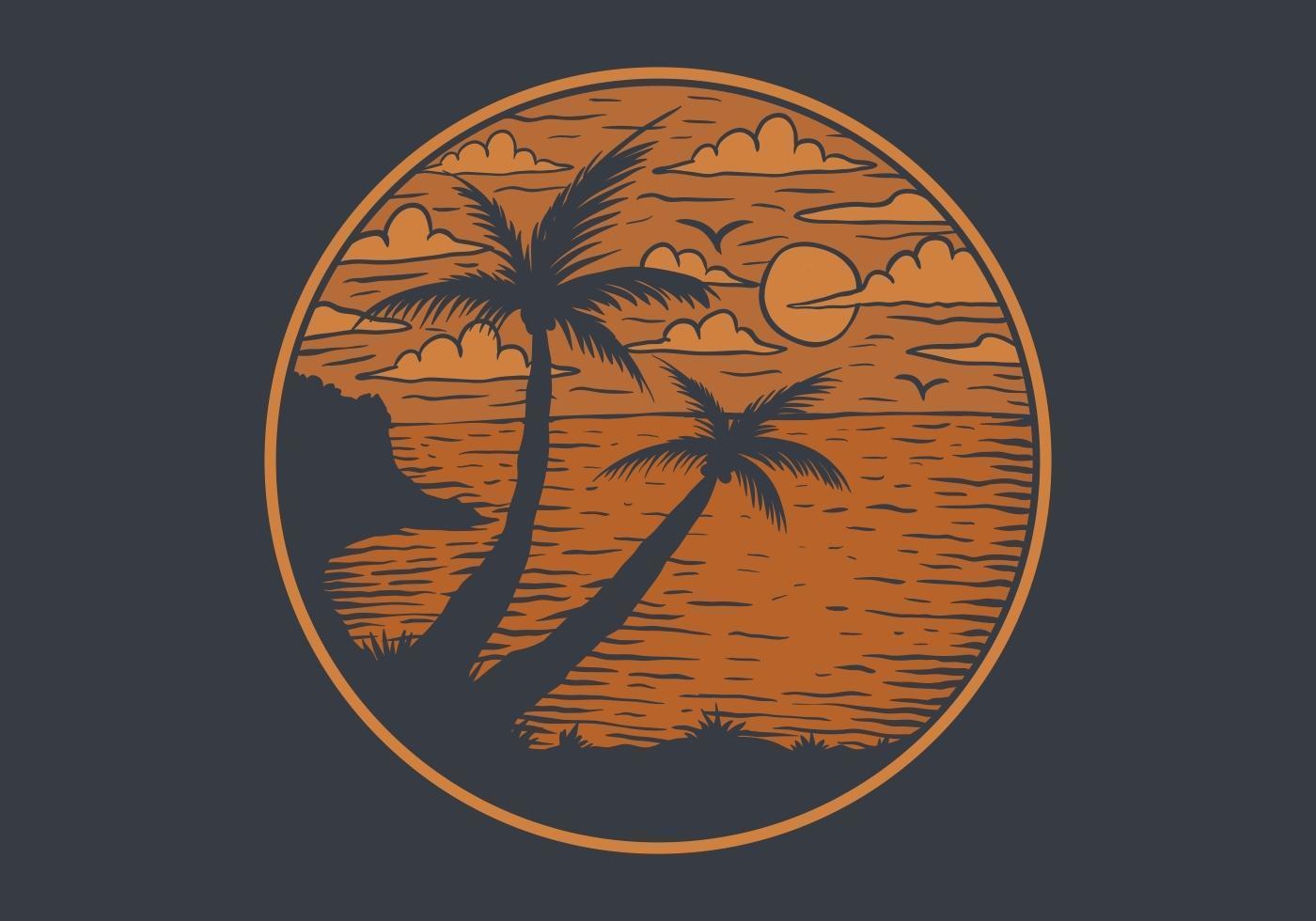 emblema de círculo de vista de playa al atardecer vector