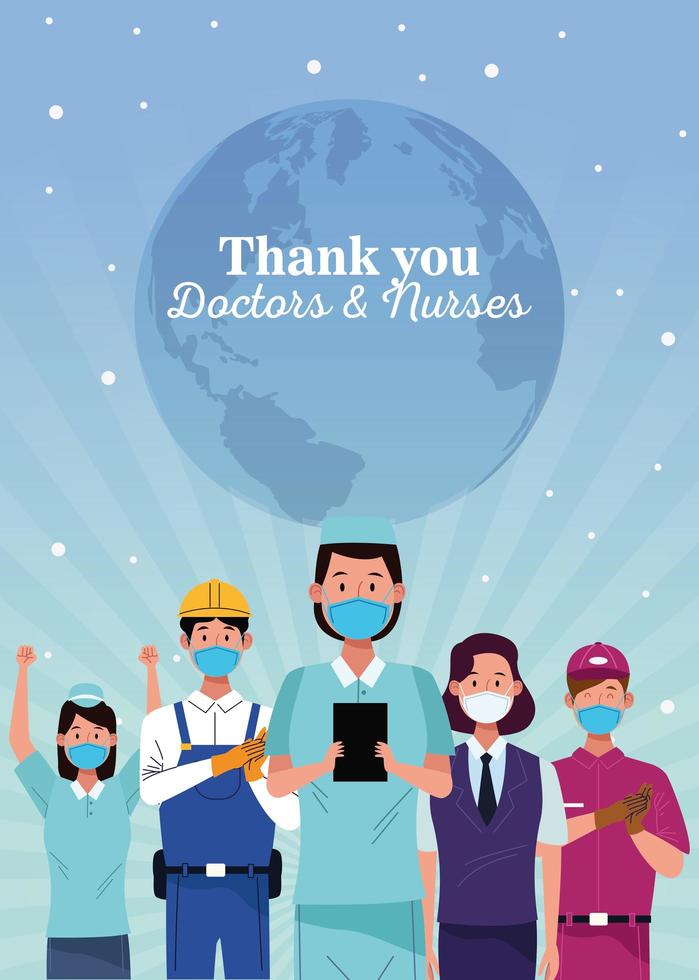 Group of workers using medical masks with thank you message vector