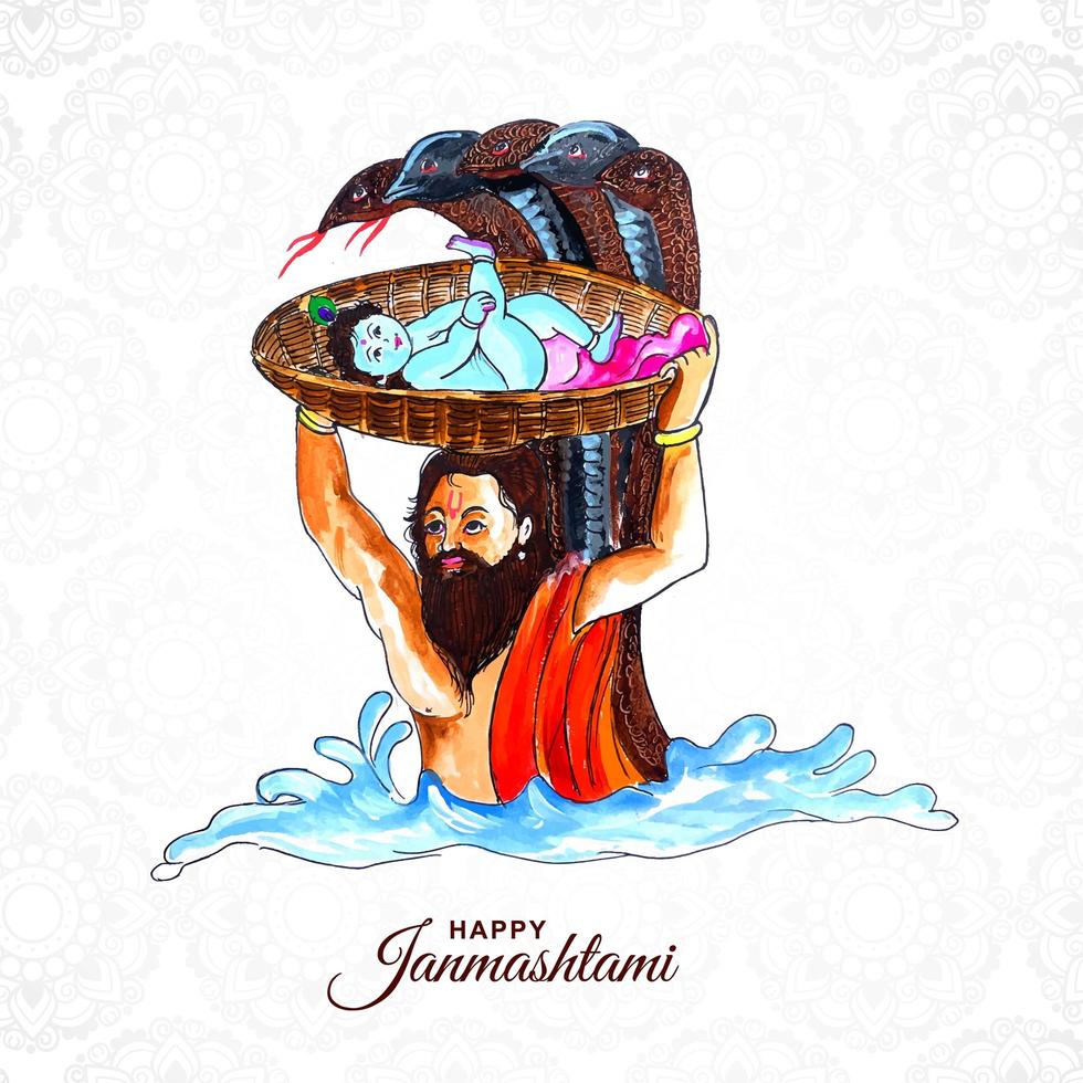 feliz janmashtami krishna llevado en canasta diseño de tarjeta de felicitación vector