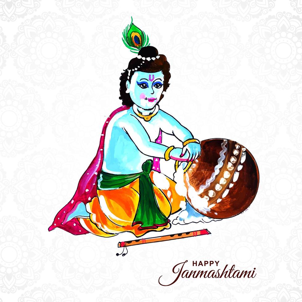 Lord Krishna Putting Hand in Porridge in Happy Janmashtami Background vector