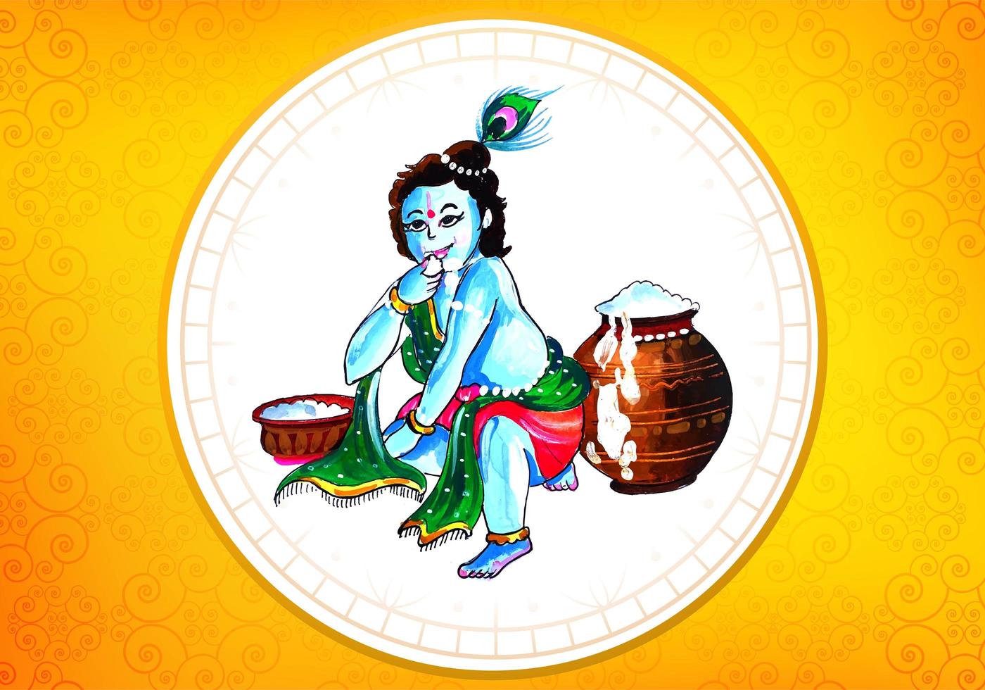 Lord Krishna Happy Ganmashtami Circle Frame Greeting Card vector