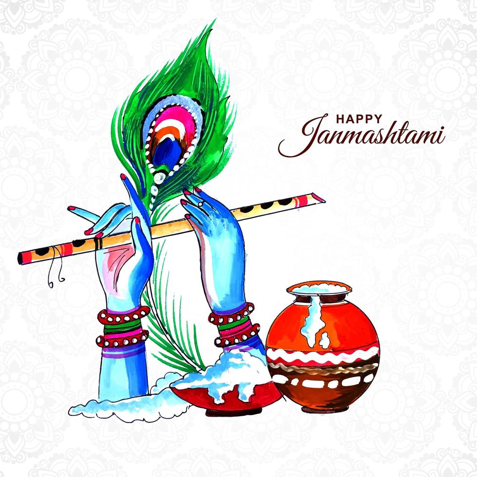 pluma de pavo real y flauta en manos de krishna tarjeta janmashtami vector