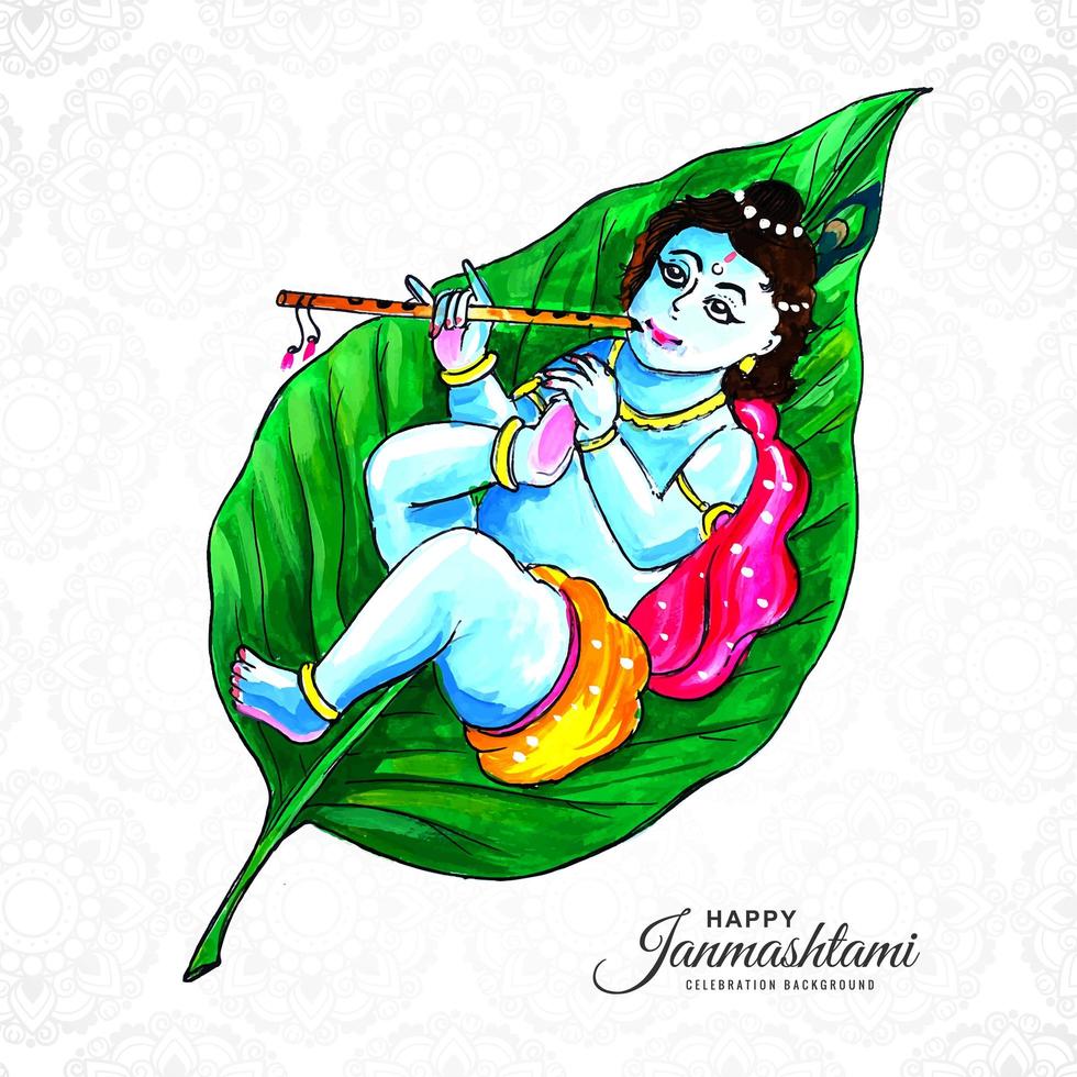 Shree krishna religioso tendido en la hoja janmashtami antecedentes vector