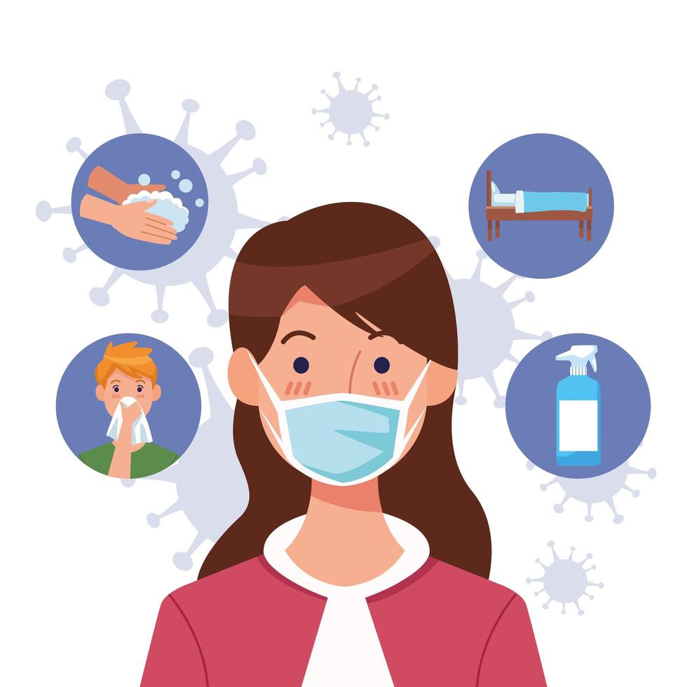 Woman using face mask with COVID 19 icons set  vector