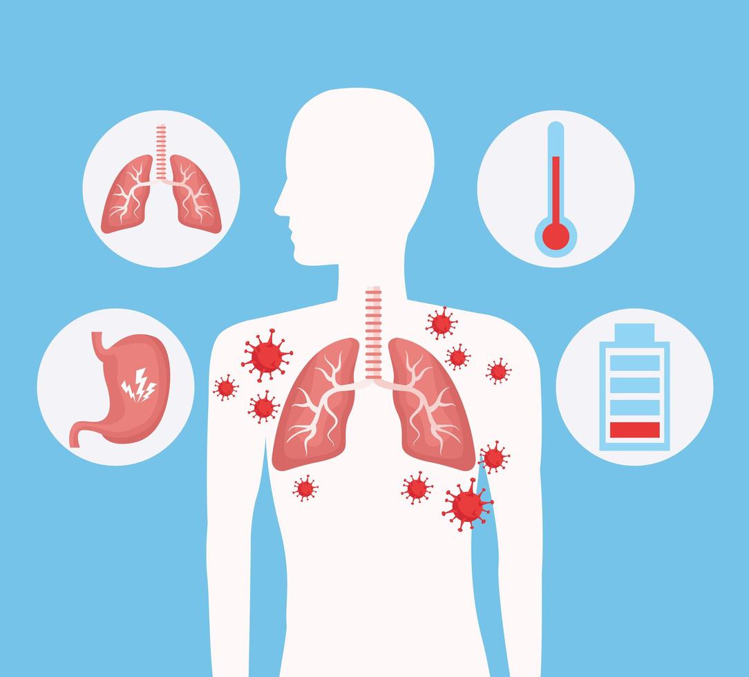 silueta humana con pulmones y covid 19 conjunto de iconos vector