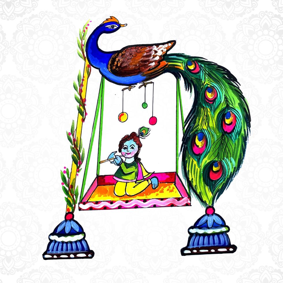 tarjeta religiosa shree krishna sentado en el columpio janmashtami vector