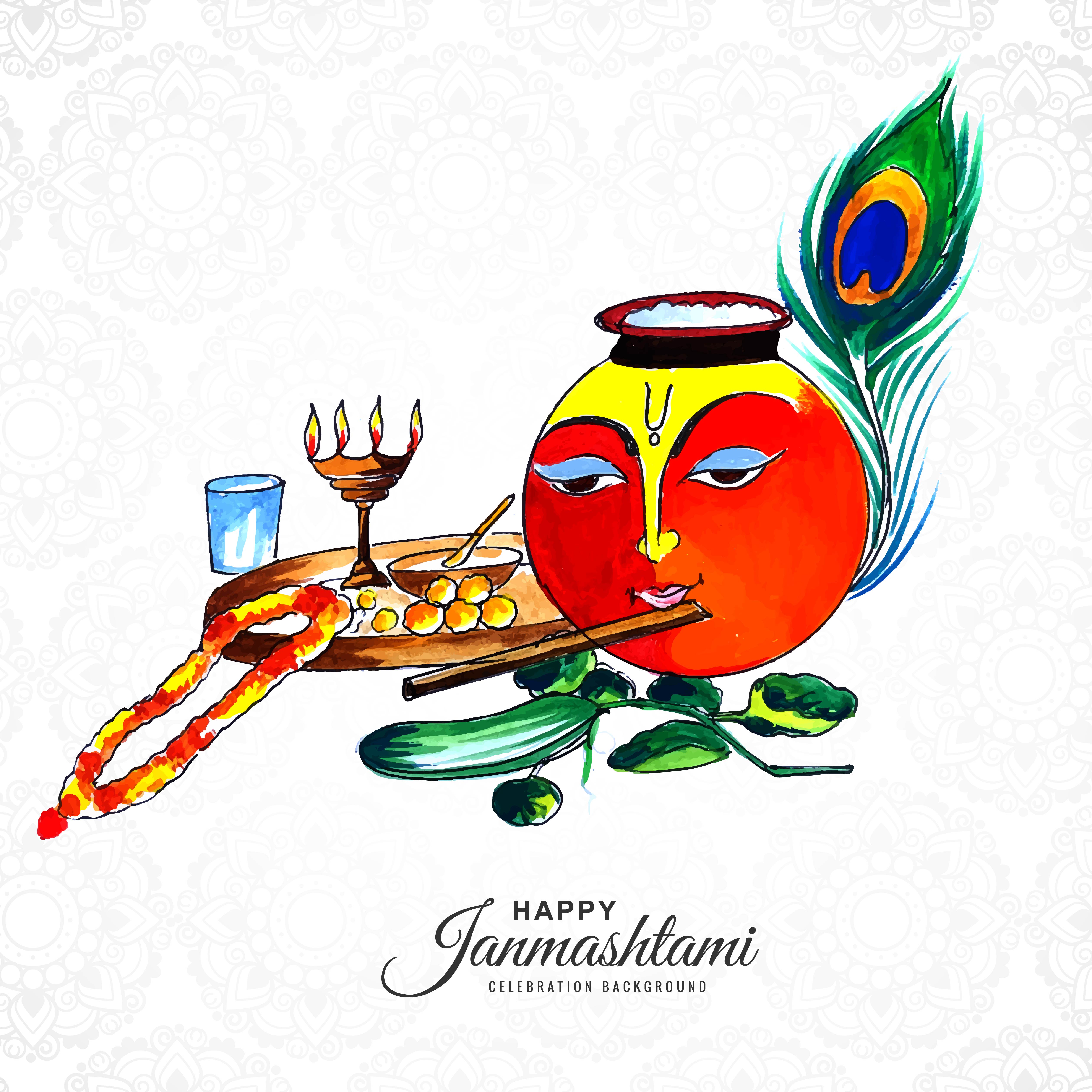 Shree Krishna Face on Pot Janmashtami Card Background 1256866 Vector Art at  Vecteezy