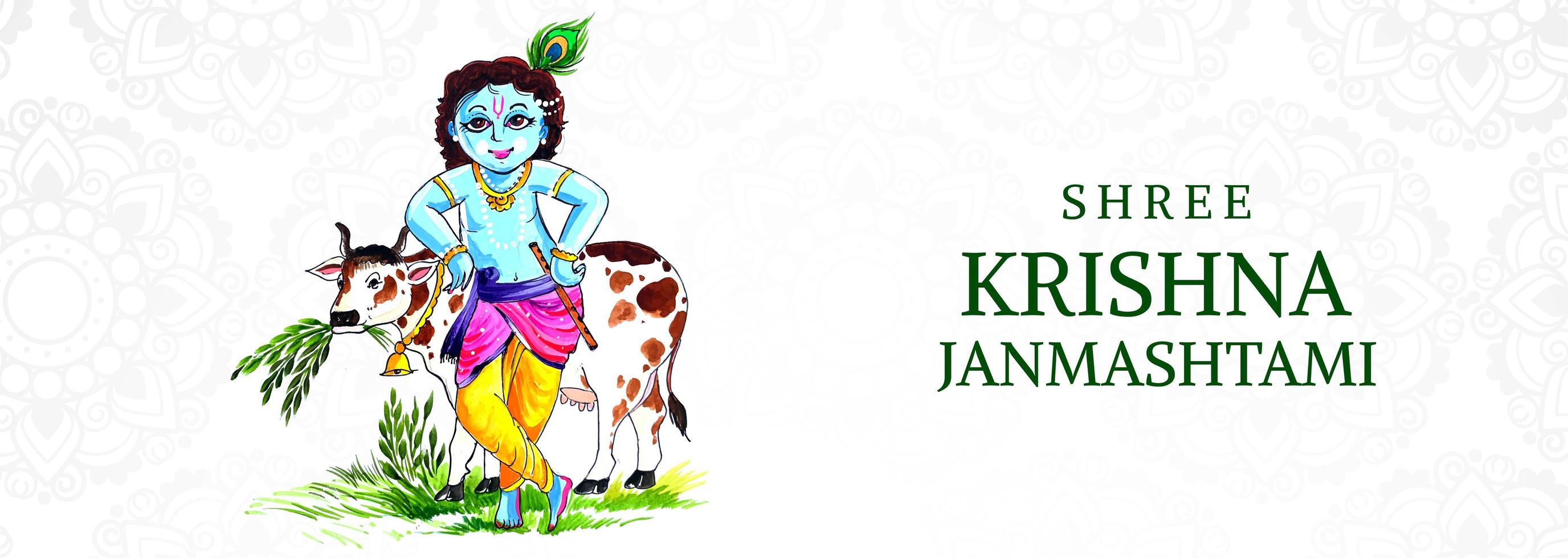 Happy Krishna Leaning on Cow Janmashtami Festival Banner vector