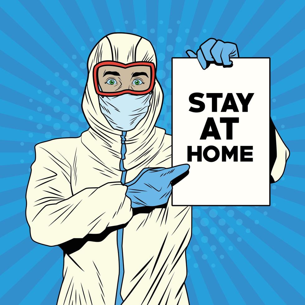 Man with biosafety suit and stay at home message vector