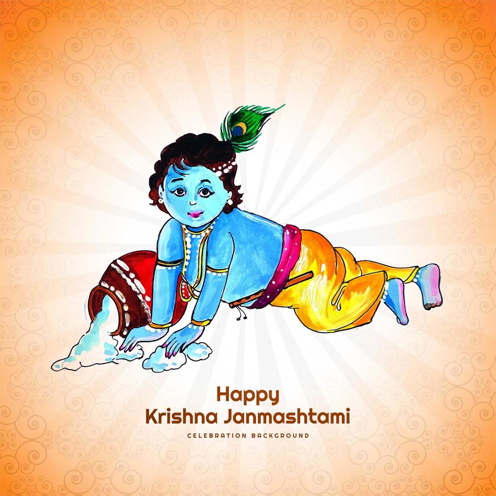 krishna religiosa arrastrándose tarjeta janmashtami vector