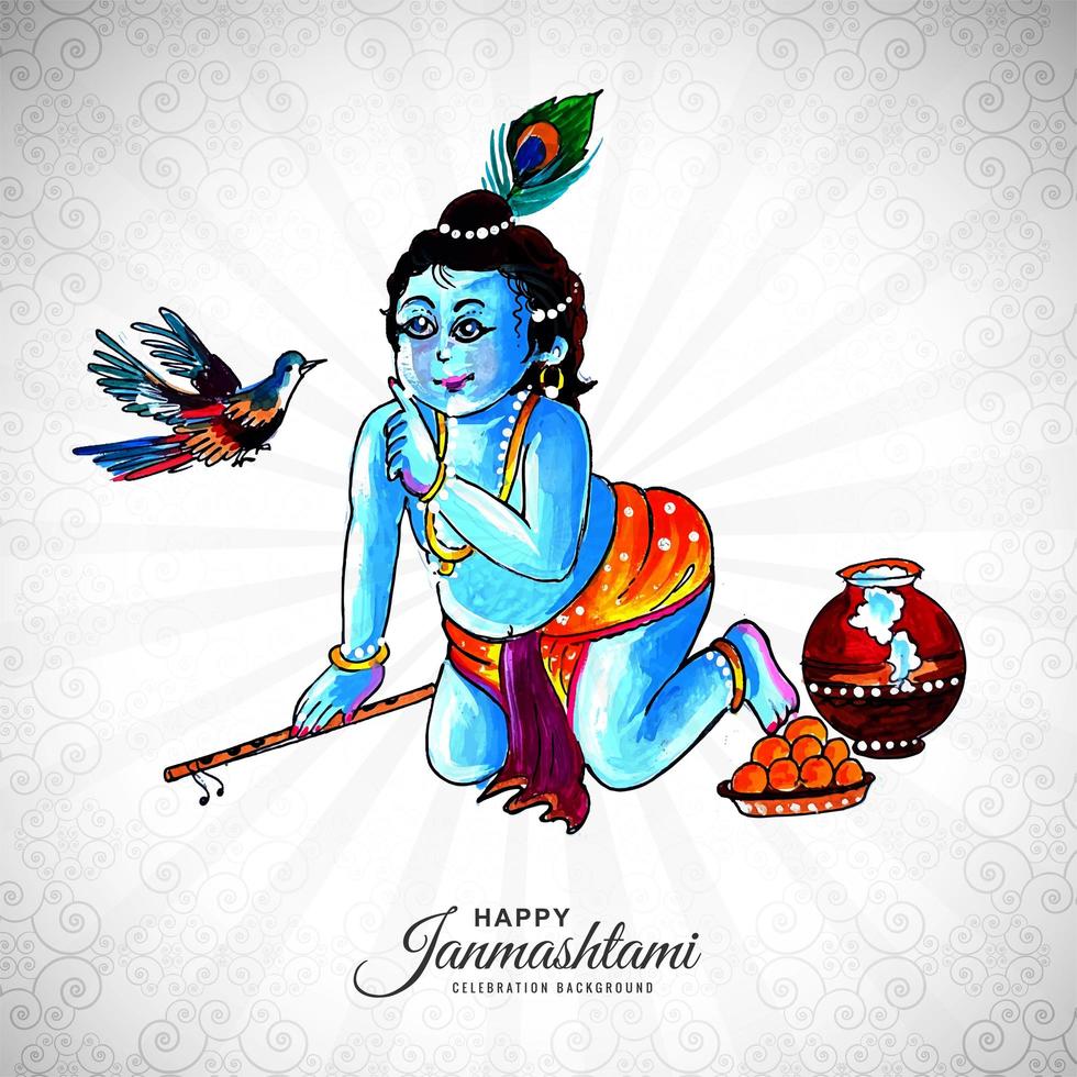 krishna religioso apuntando al fondo de la tarjeta janmashtami pájaro vector