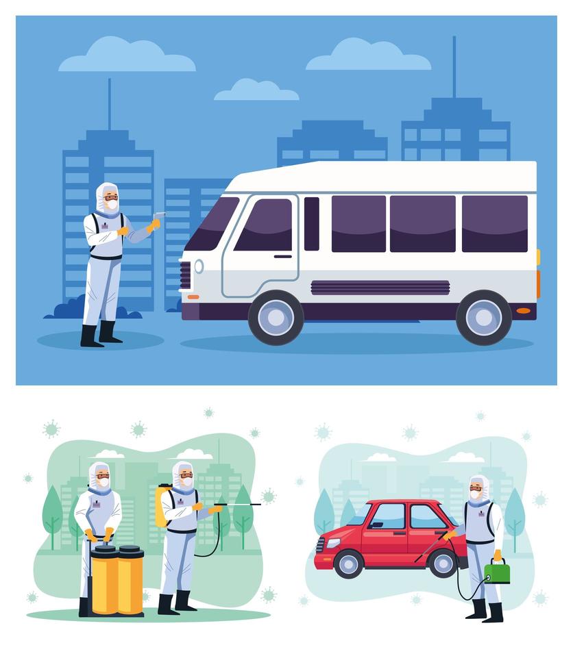 Biosafety workers dIsinfect a van and a car  vector
