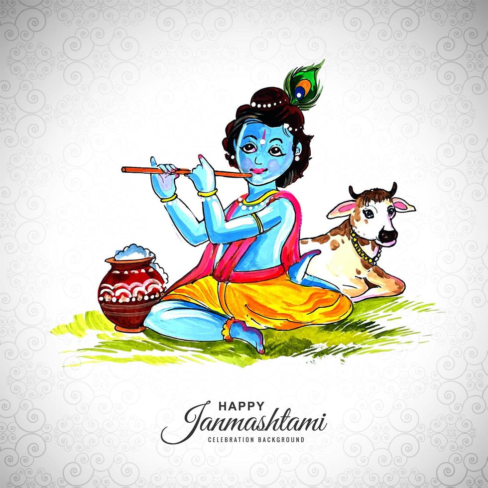 Happy Krishna Sitting on Ground Playing Flute Janmashtami Festival vector