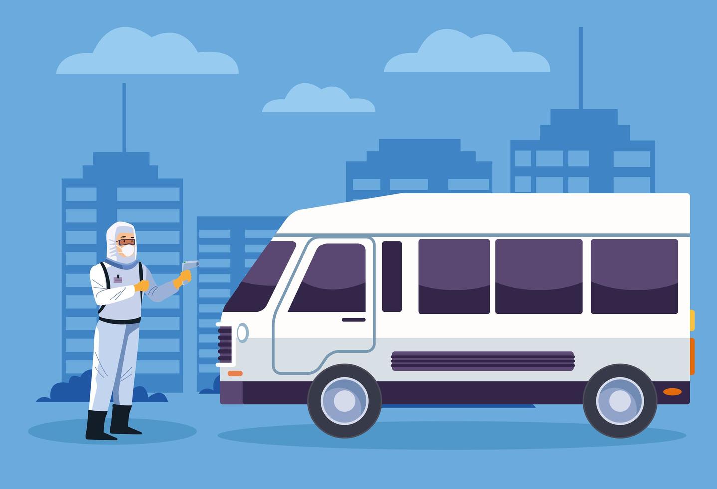 Biosafety worker disinfects a van for coronavirus vector