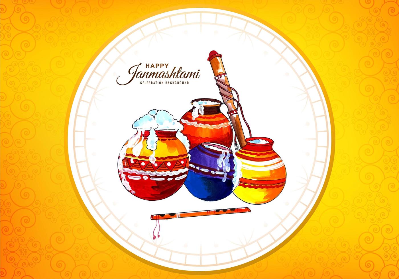 Happy Krishna Pots in Circle Frame Janmashtami Festival Card vector