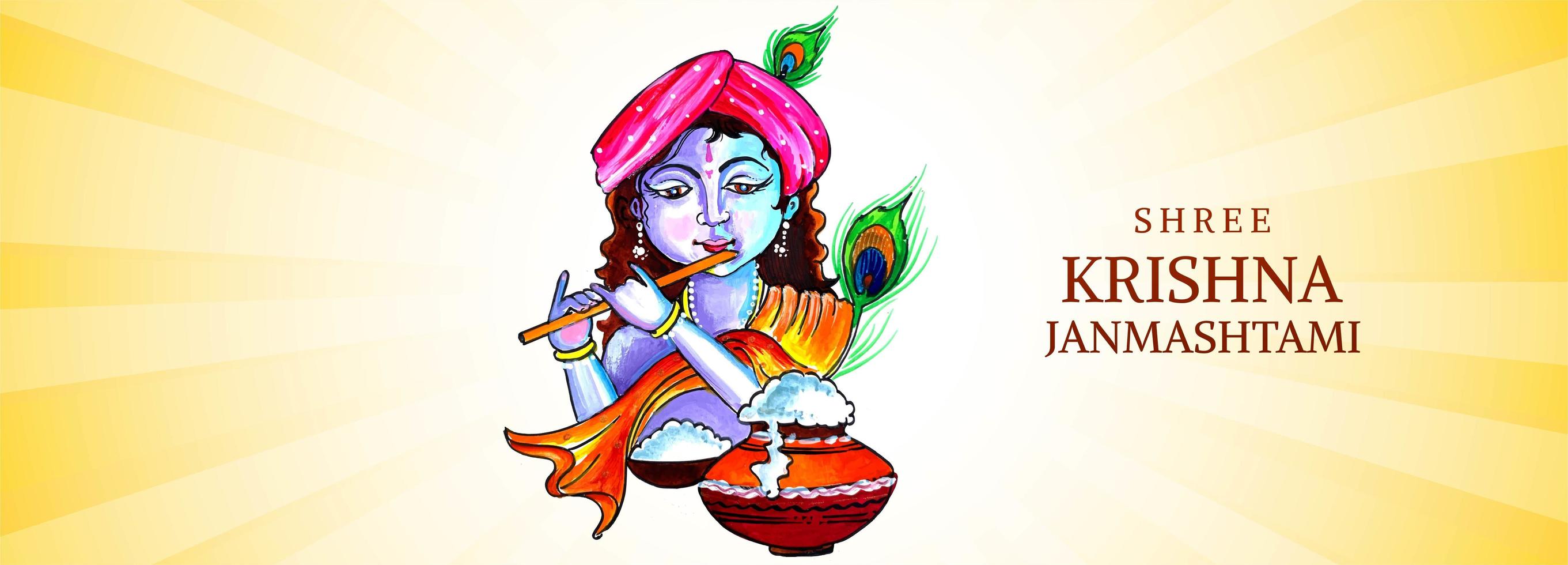 Lord Krishna Playing Flute with Orange Sash Janmashtami Banner Design vector