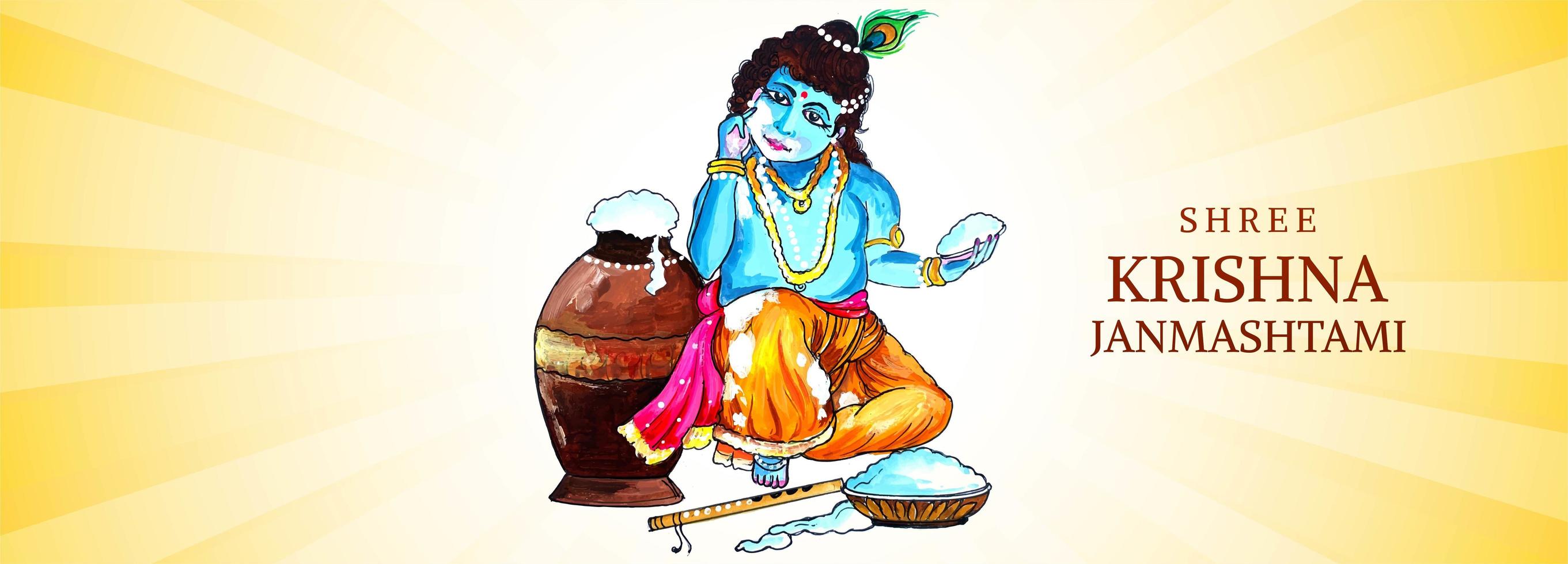 Lord Krishna Holding Handful of Porridge Janmashtami Banner vector