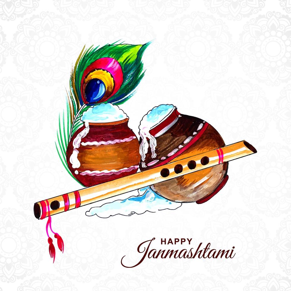 feliz janmashtami derramando gachas de avena fondo de tarjeta de felicitación vector