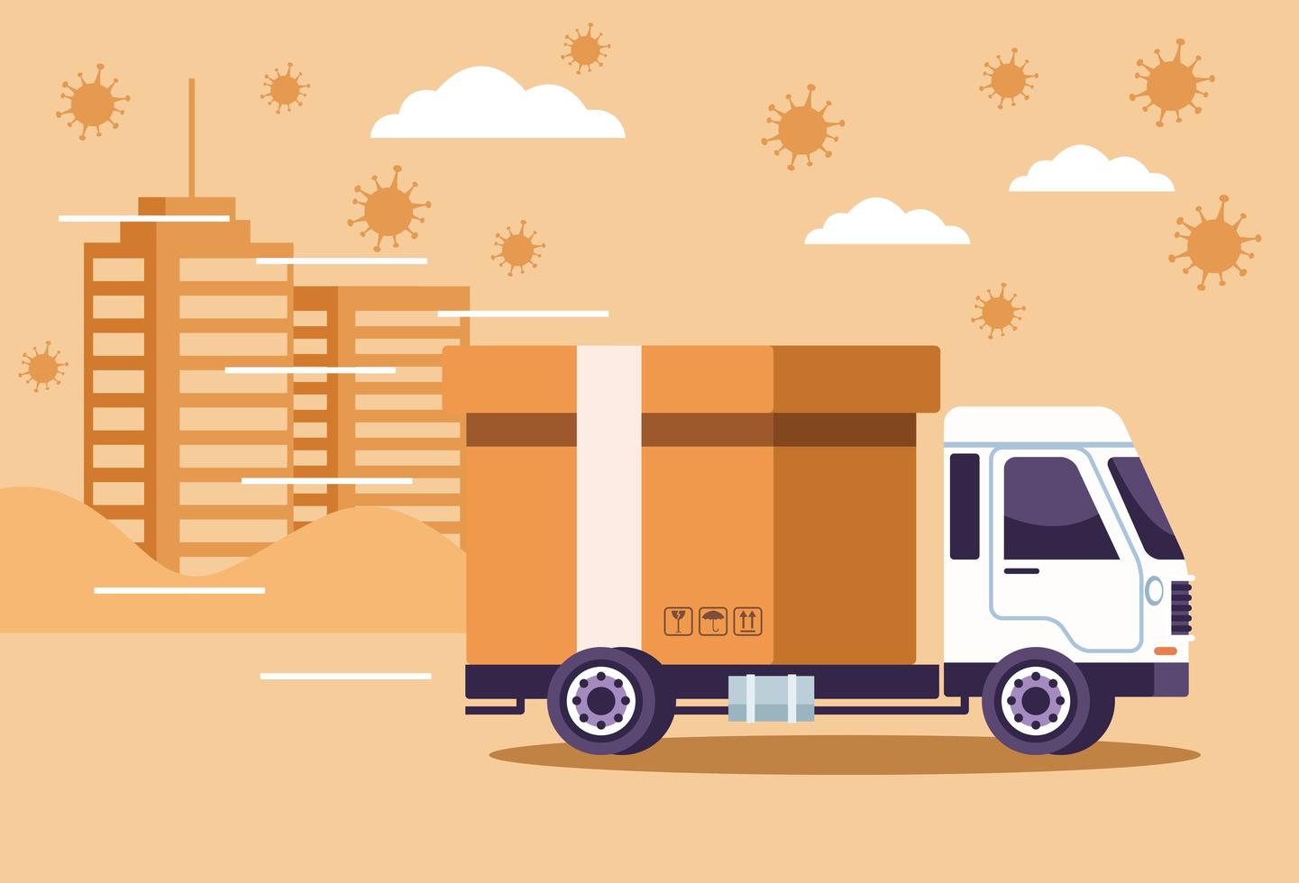 Truck delivery service with particles of coronavirus vector