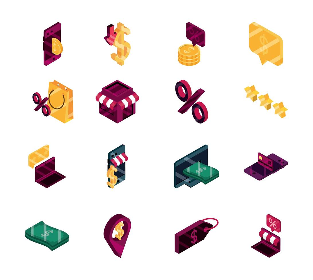 Online shopping and e-commerce isometric icon collection vector