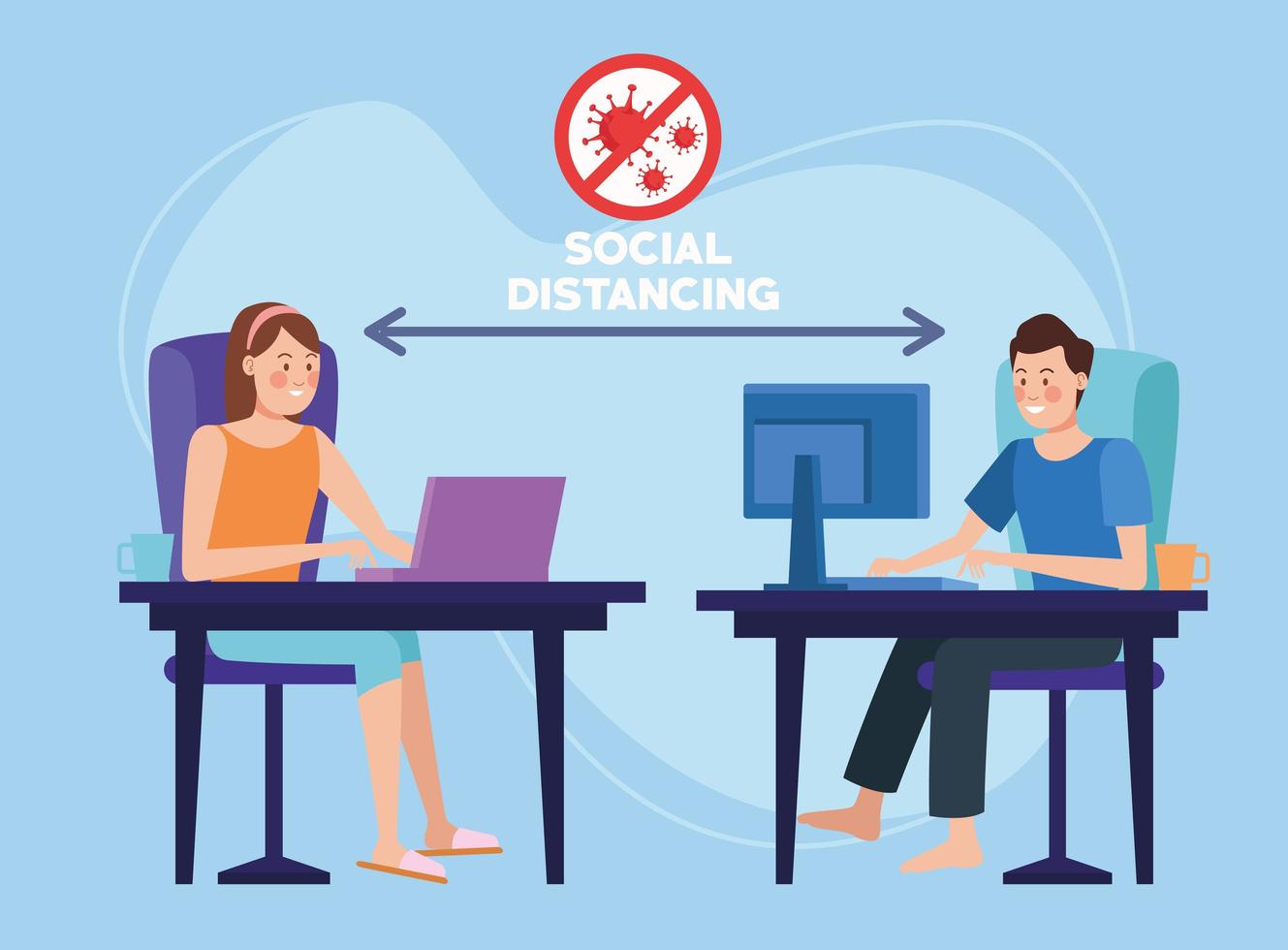 Couple working from home with social distancing vector